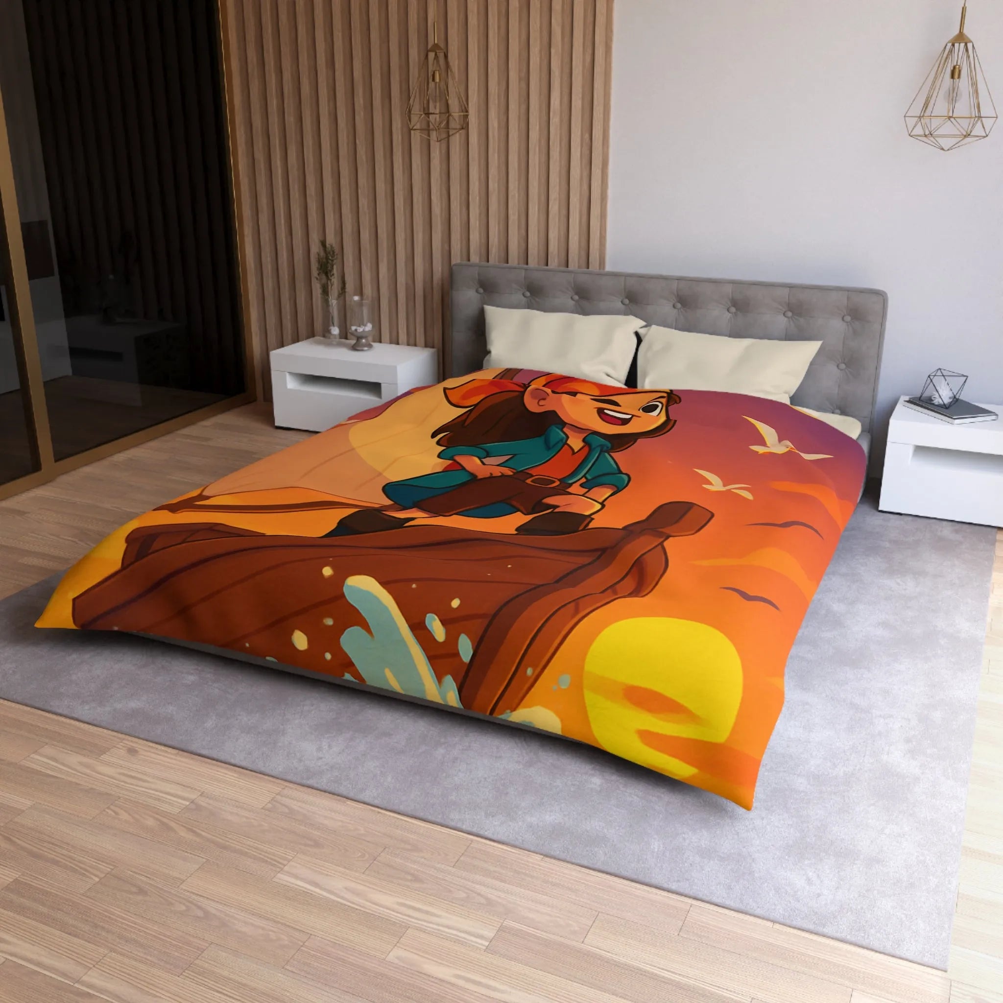 Housse de couette enfant motif pirate aventure en mer avec coucher de soleil vibrant