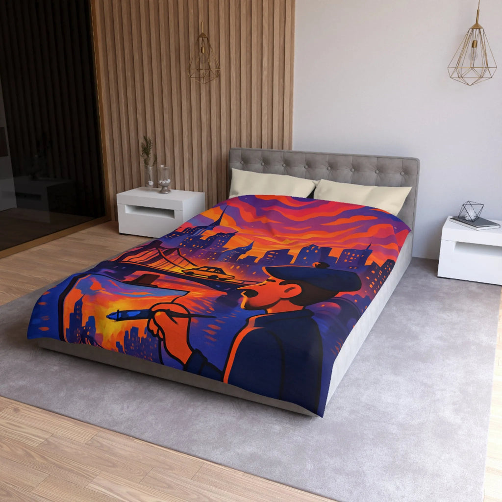Housse de Couette Artiste Peignant Pont Cityscape Coucher de Soleil Vibrant