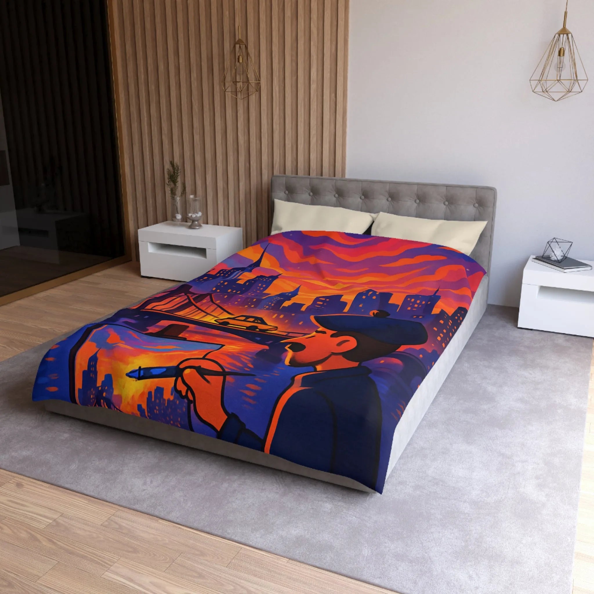 Housse de Couette Artiste Peignant Pont Cityscape Coucher de Soleil Vibrant