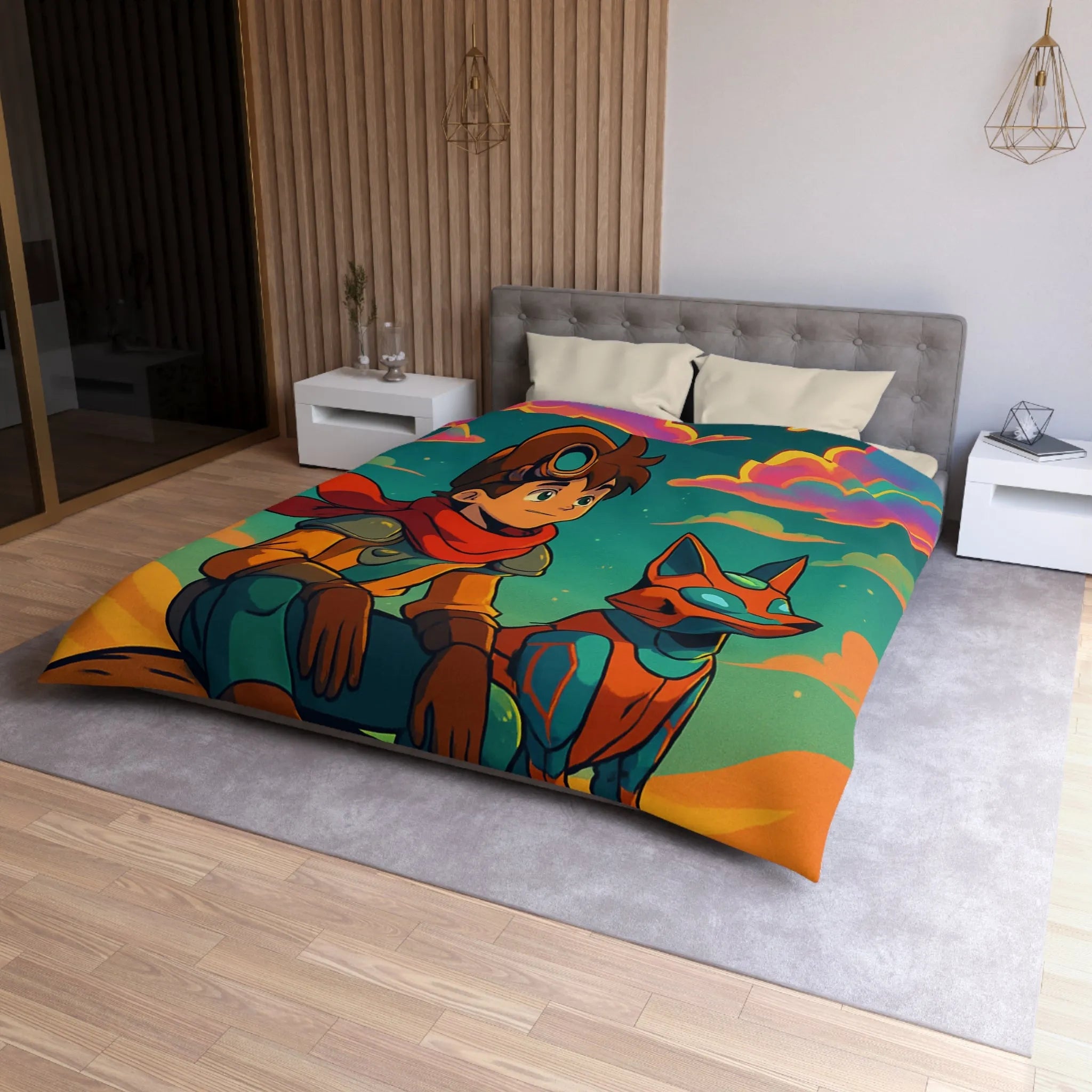 Housse de couette avec illustration colorée de personnage animé et chien robot sous ciel étoilé