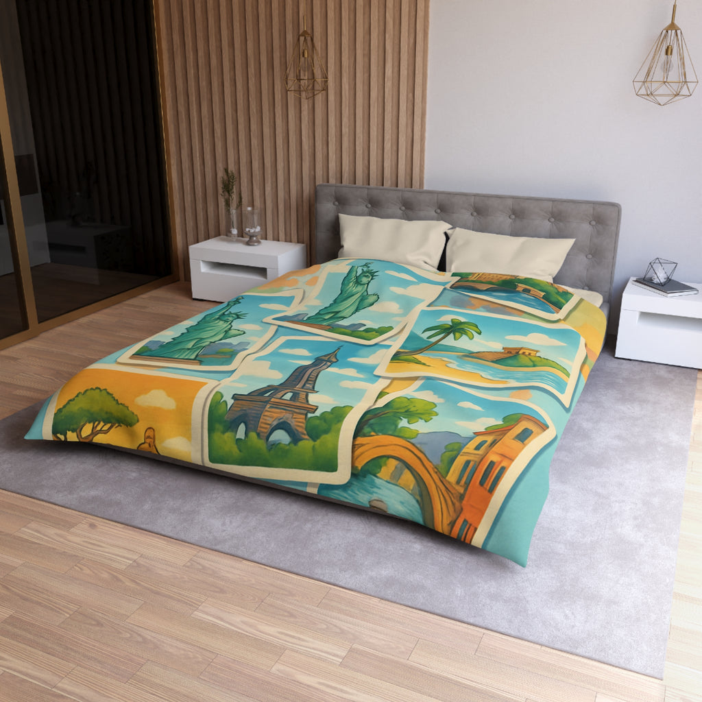 Voyage Mondial Coloré: Housse de Couette avec Monuments et Paysages Iconiques des Continents