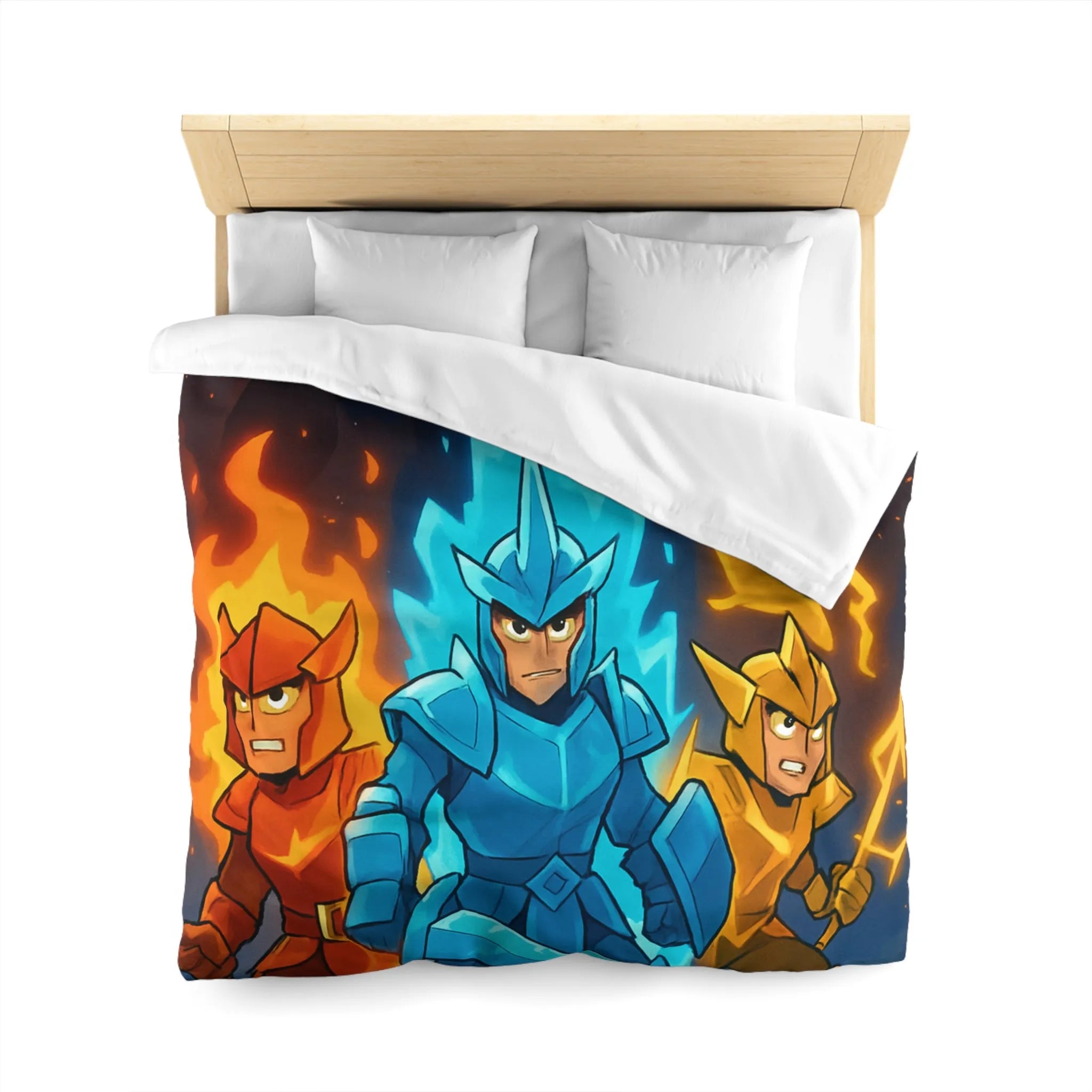 Housse de couette avec guerriers élémentaires de feu, eau et terre contre silhouette maléfique