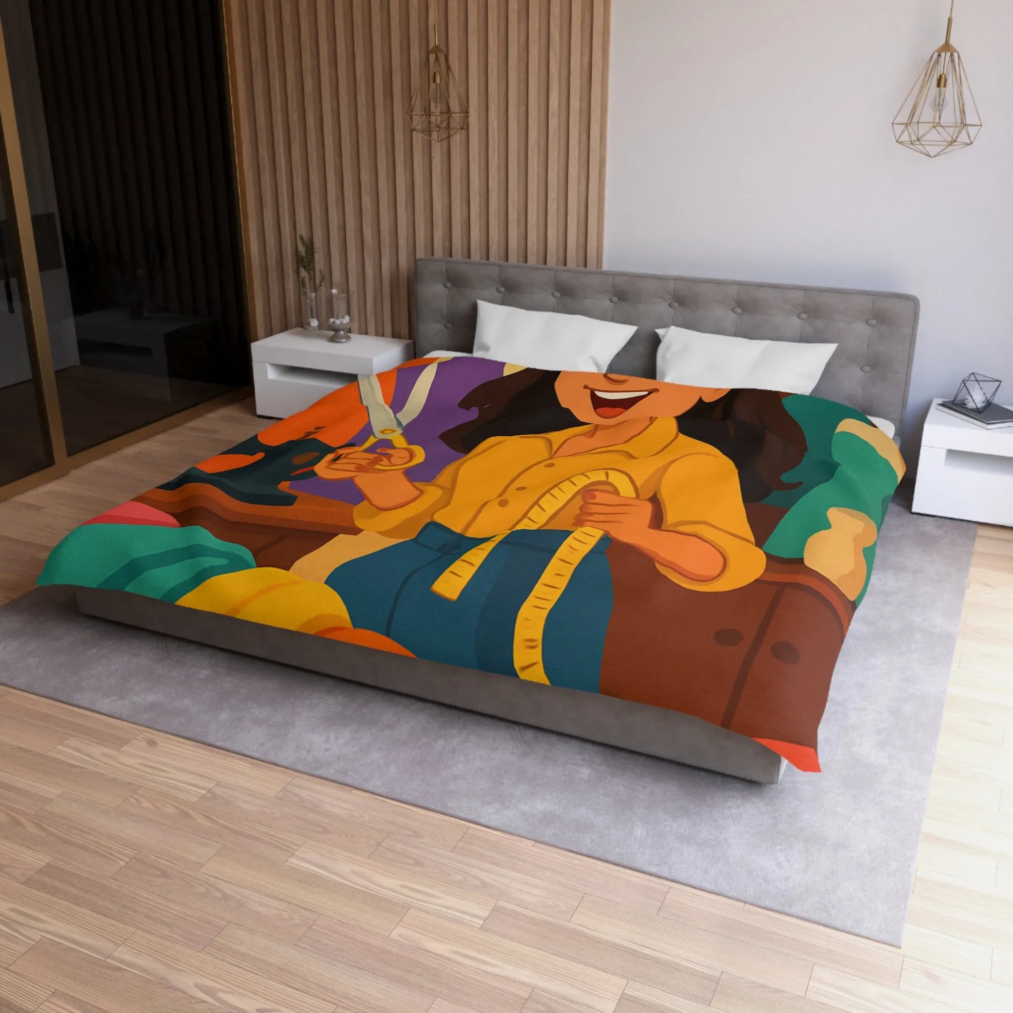 Housse de couette colorée avec motifs de couturière, outils et mannequins élégants