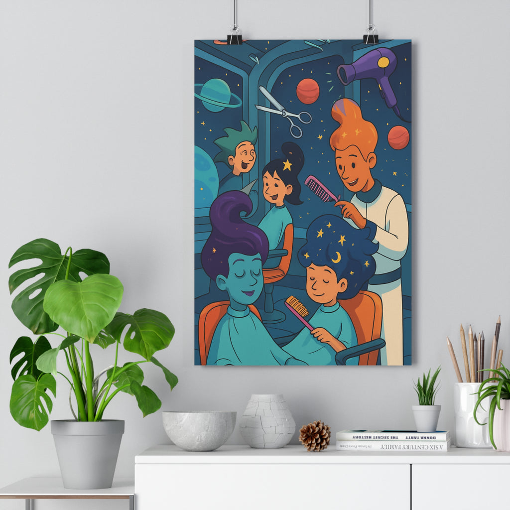 Poster décoratif futuriste bleu orange violet salon joyeux créatif cosmique personnage original espace ambiance