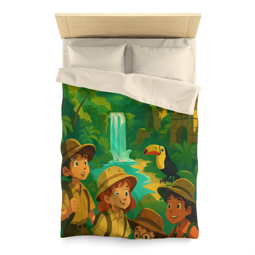 Housse de Couette Jungle Aventure Enfants avec Toucan, Monuments et Cascade Colorés