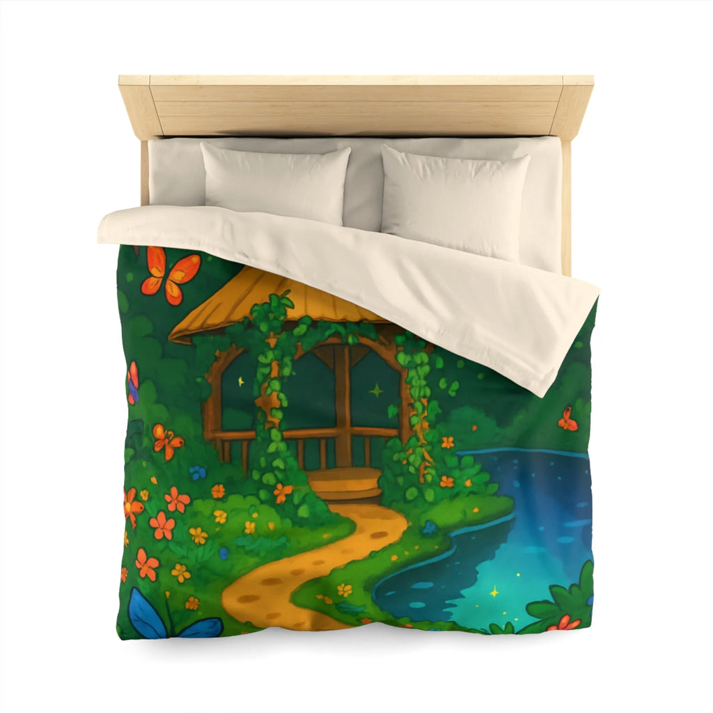 Housse de Couette Illustrée, Forêt Tropicale Nocturne avec Oiseaux et Papillons Colorés