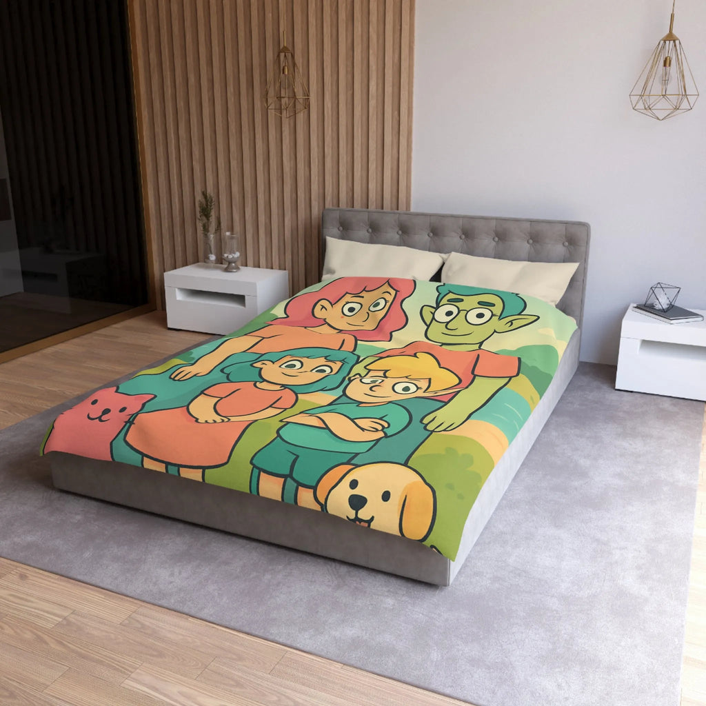 Housse de couette chaleureuse illustrant une famille enchantée et ses animaux compagnons ludiques