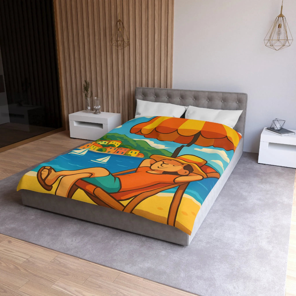 Housse de Couette Colorée Plage avec Parasol, Mer et Voiliers Décontractés Illustration