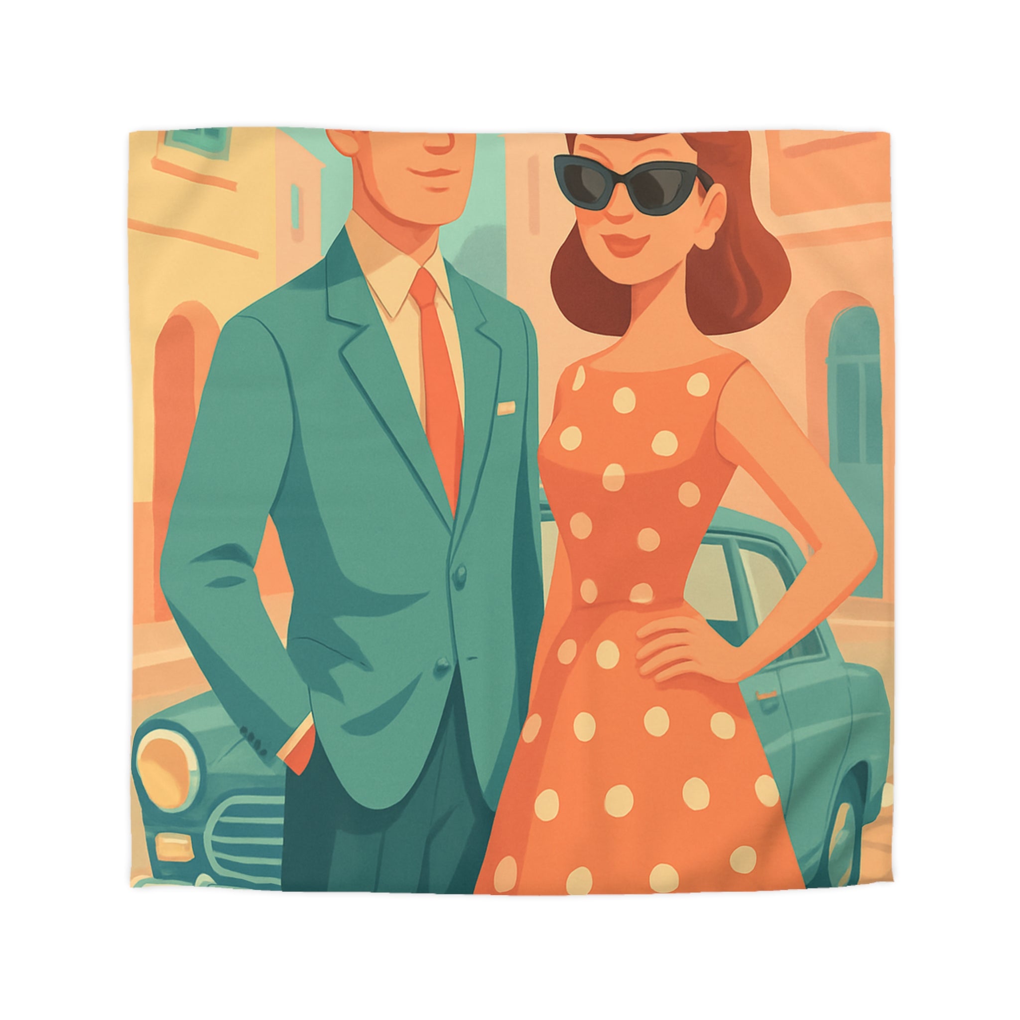 Housse de couette vintage rétro avec couple élégant en habits années 50 chic