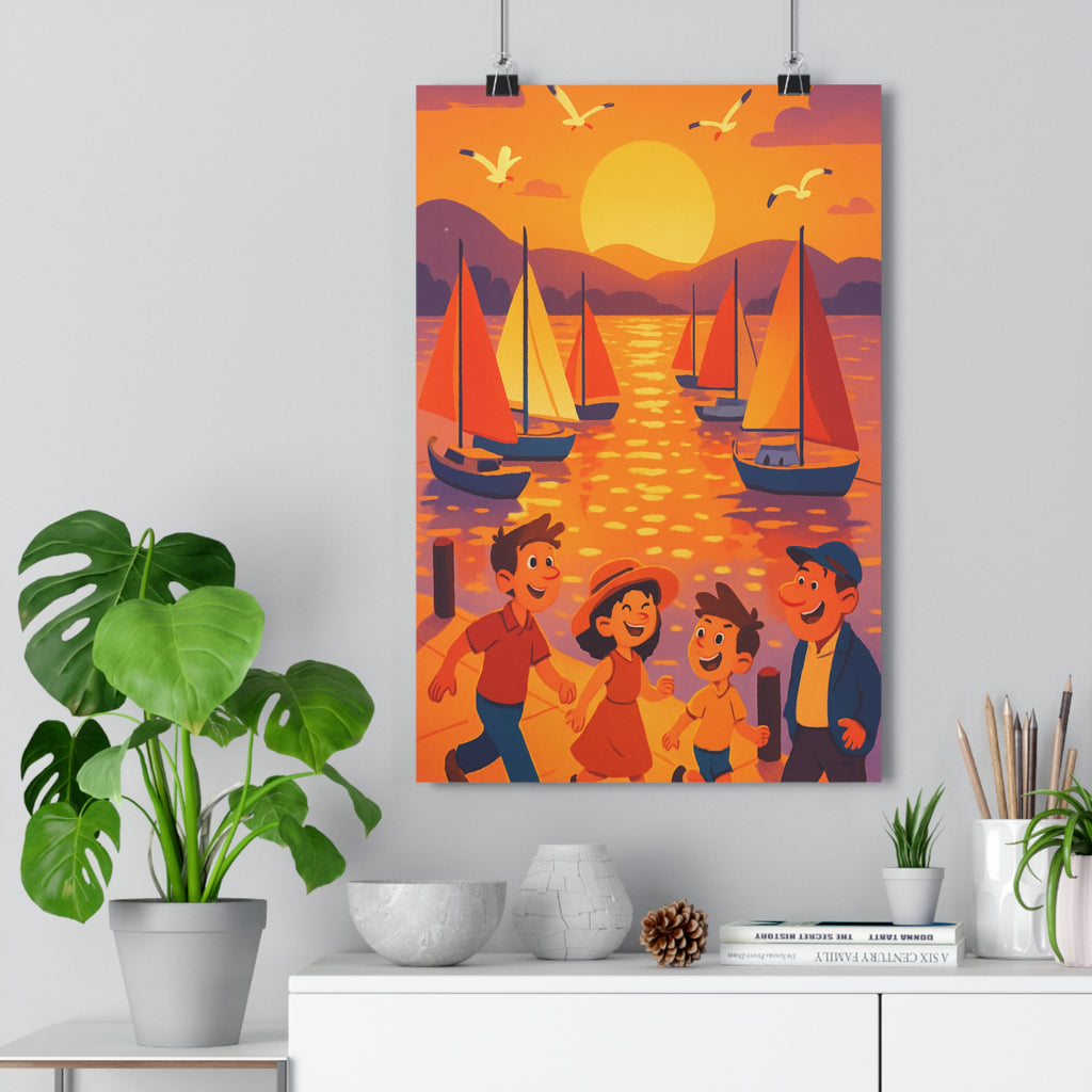 Poster décoratif scène coucher soleil Marseille joyeux orange jaune salon moderne ambiance quai voiliers