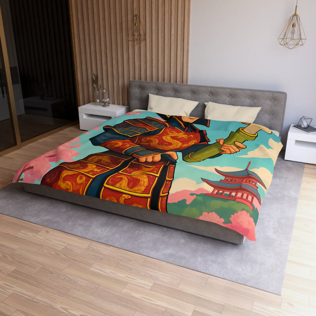 Housse de Couette Samouraï Japonais avec Armure Traditionnelle et Cerisiers en Fleurs