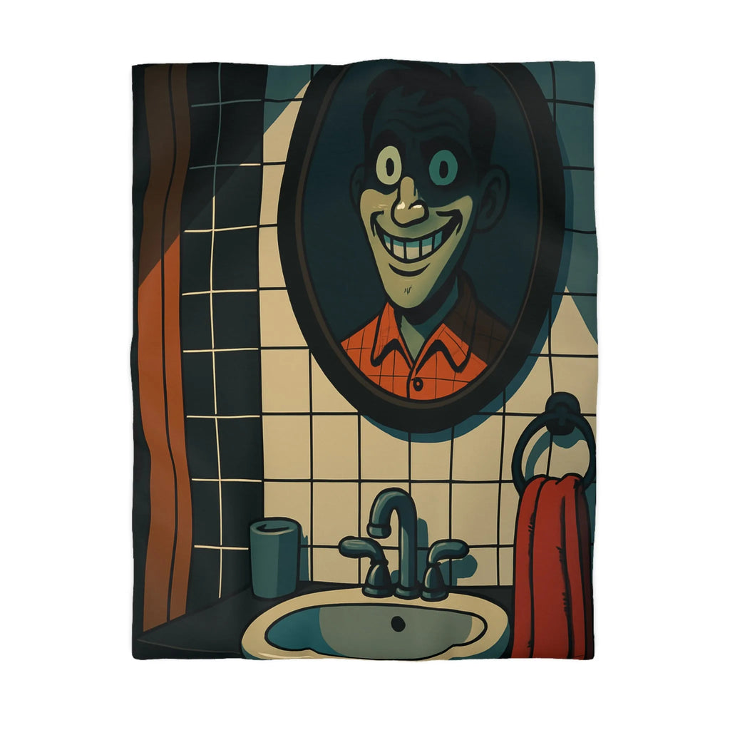 Housse de couette graphique avec dessin animé miroir effrayant et carreaux de salle de bain