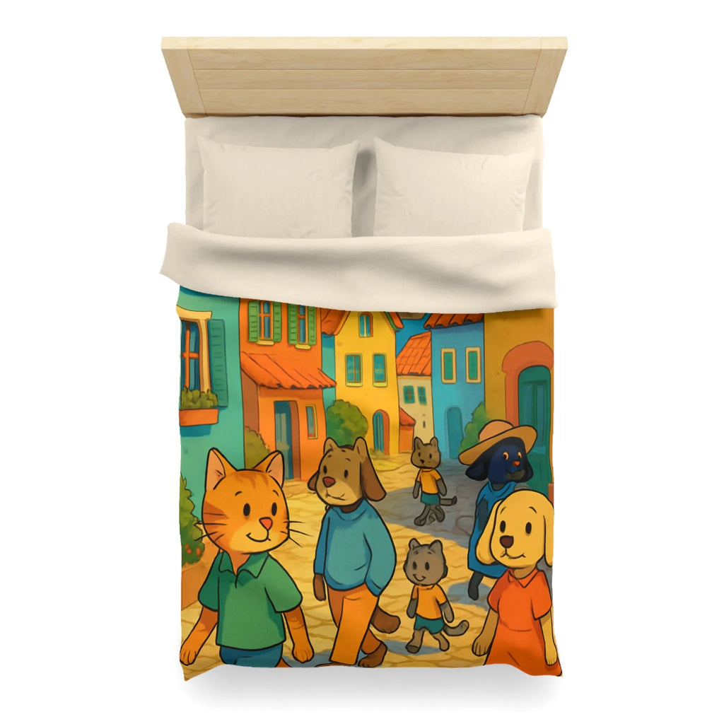 Housse de Couette Colorée avec Animaux Anthropomorphes et Lighthouse sur Rue ensoleillée