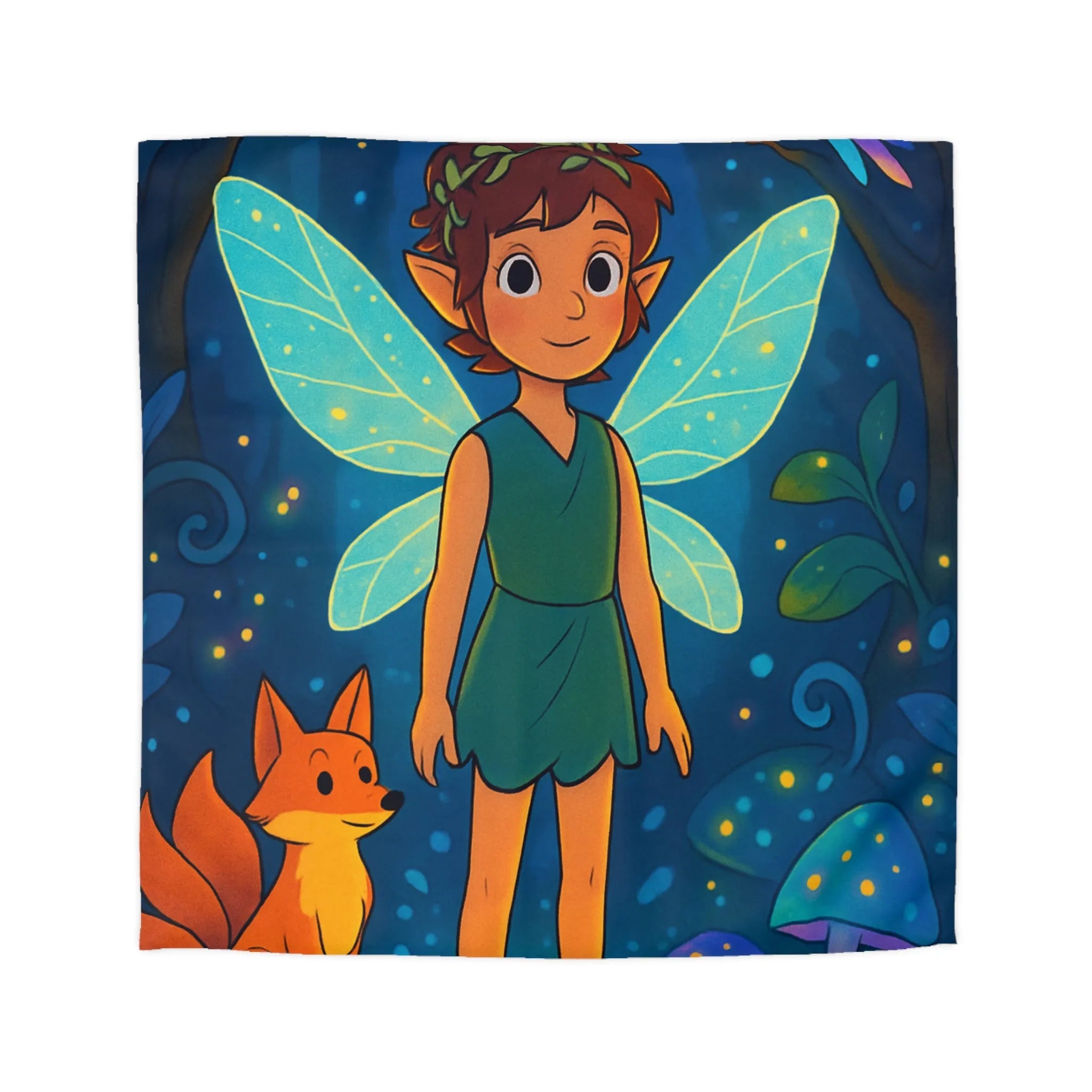 Housse de Couette Féerique avec Fée Ailée et Renard dans Forêt Enchantée Multicolore