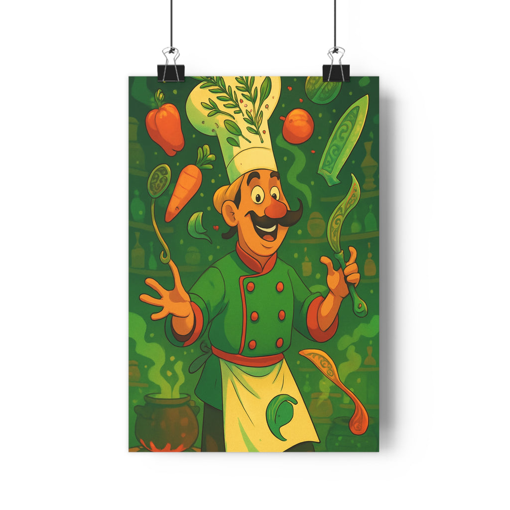 Poster décoratif vert orange cartoon mystique joyeux cuisine énergie créatif vibrant unique fantaisie dynamique