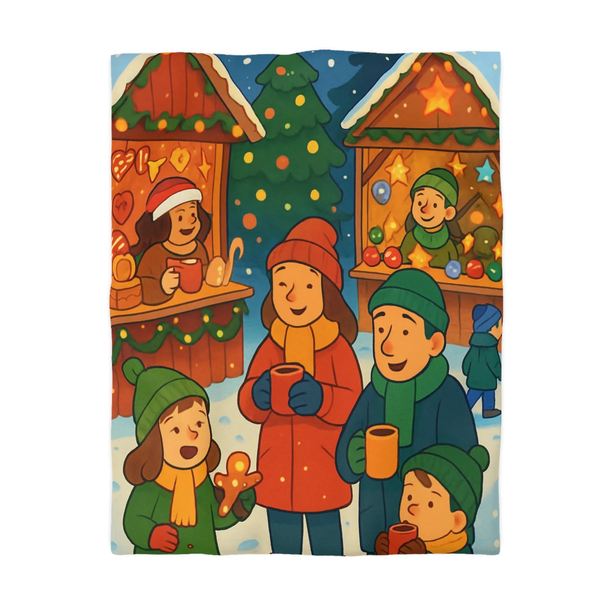 Housse de couette chaleureuse illustrant une scène festive de marché de Noël joyeux