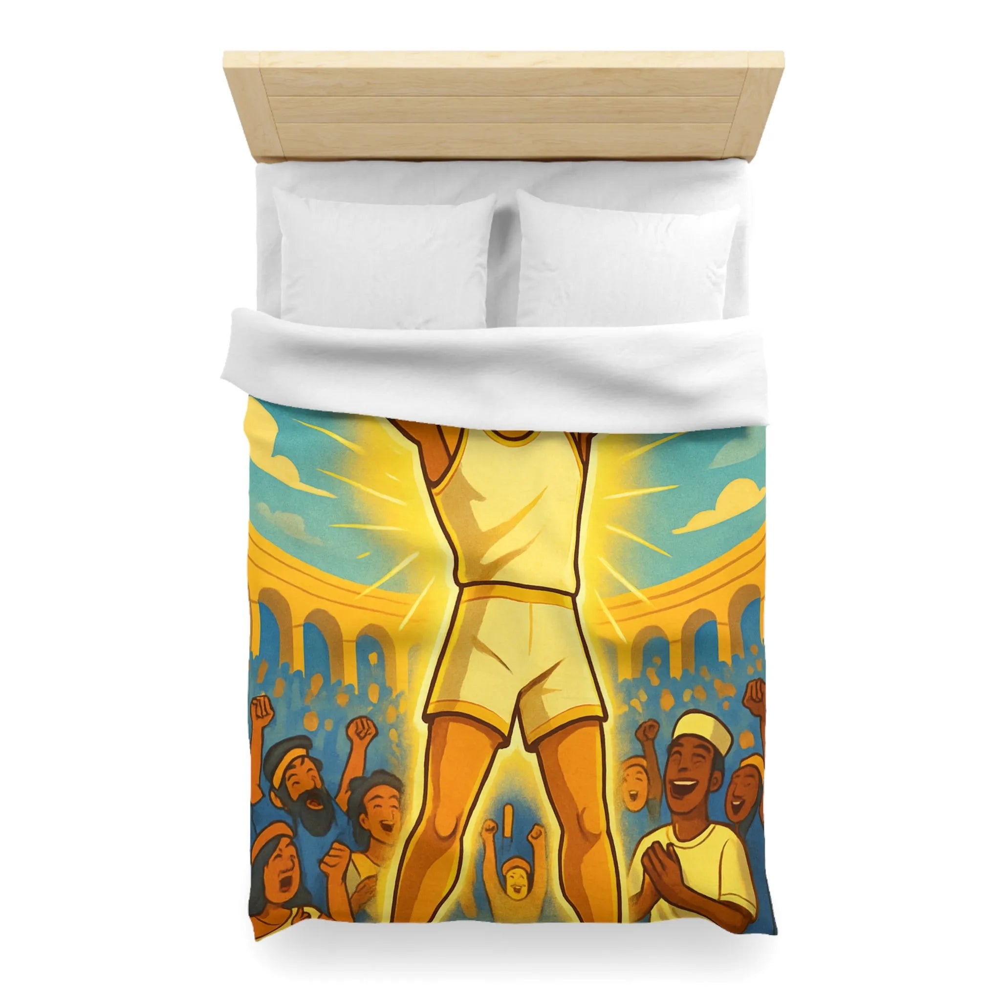 Housse de couette lumineuse avec athlète triomphant dans une arène ensoleillée vibrante