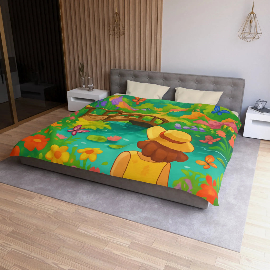 Housse de Couette Jardin Enchanté avec Pont et Papillons, Motif Vif et Coloré