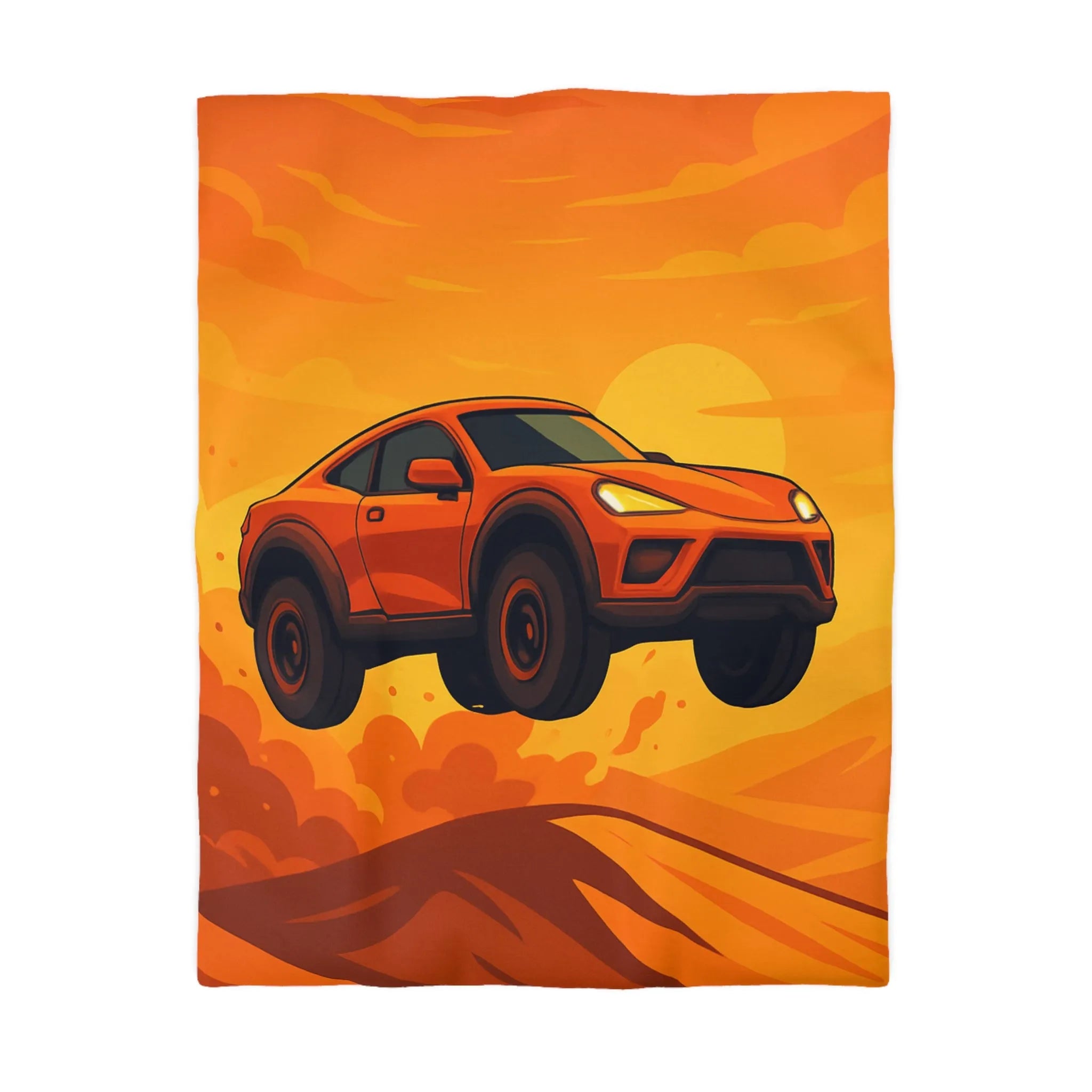 Housse de couette design voiture saut désert couleur orange coucher de soleil