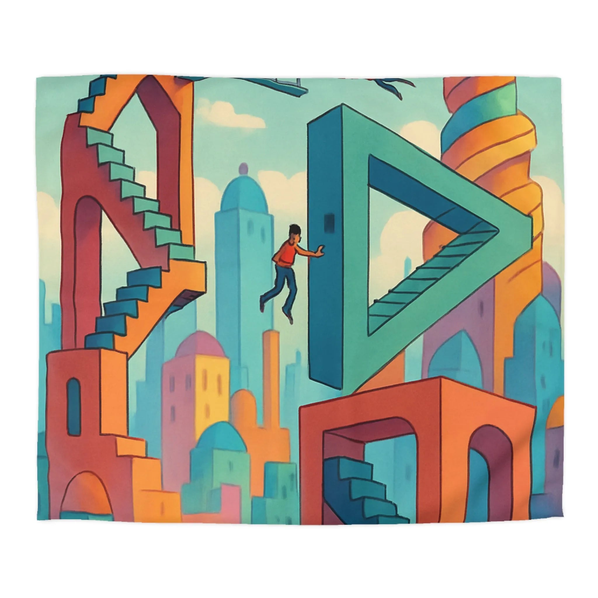 Housse de couette design moderne avec escalier flottant et ciel surréaliste coloré