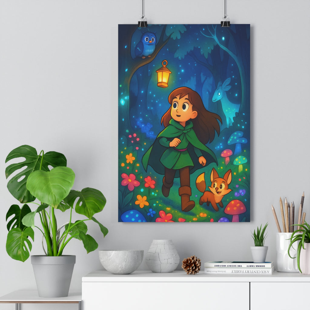 Poster décoratif féerique forêt enchantée vert bleu cartoon mystique chambre enfant dessin magique vibrant