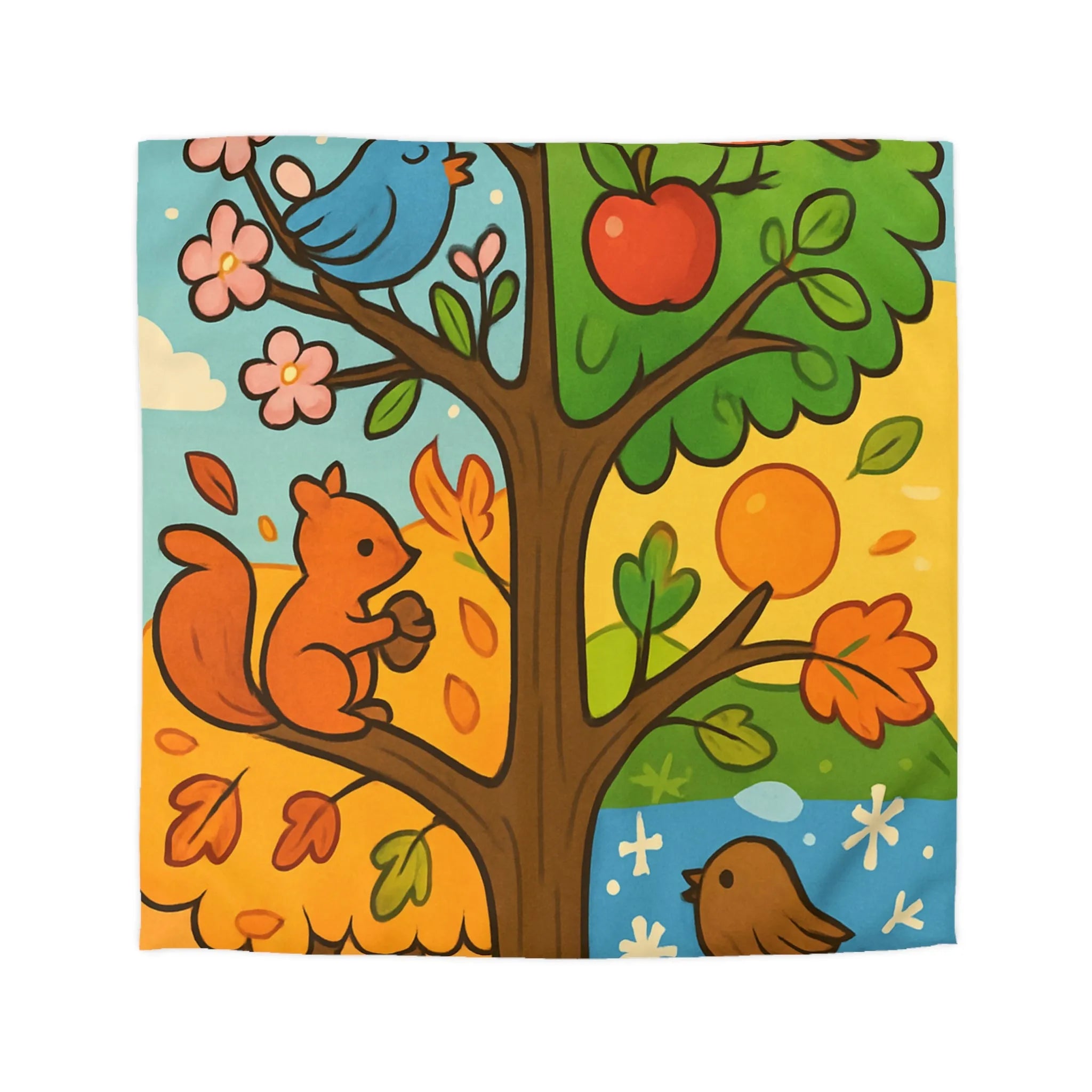 Housse de couette illustrée de l'arbre des quatre saisons avec nature et faune
