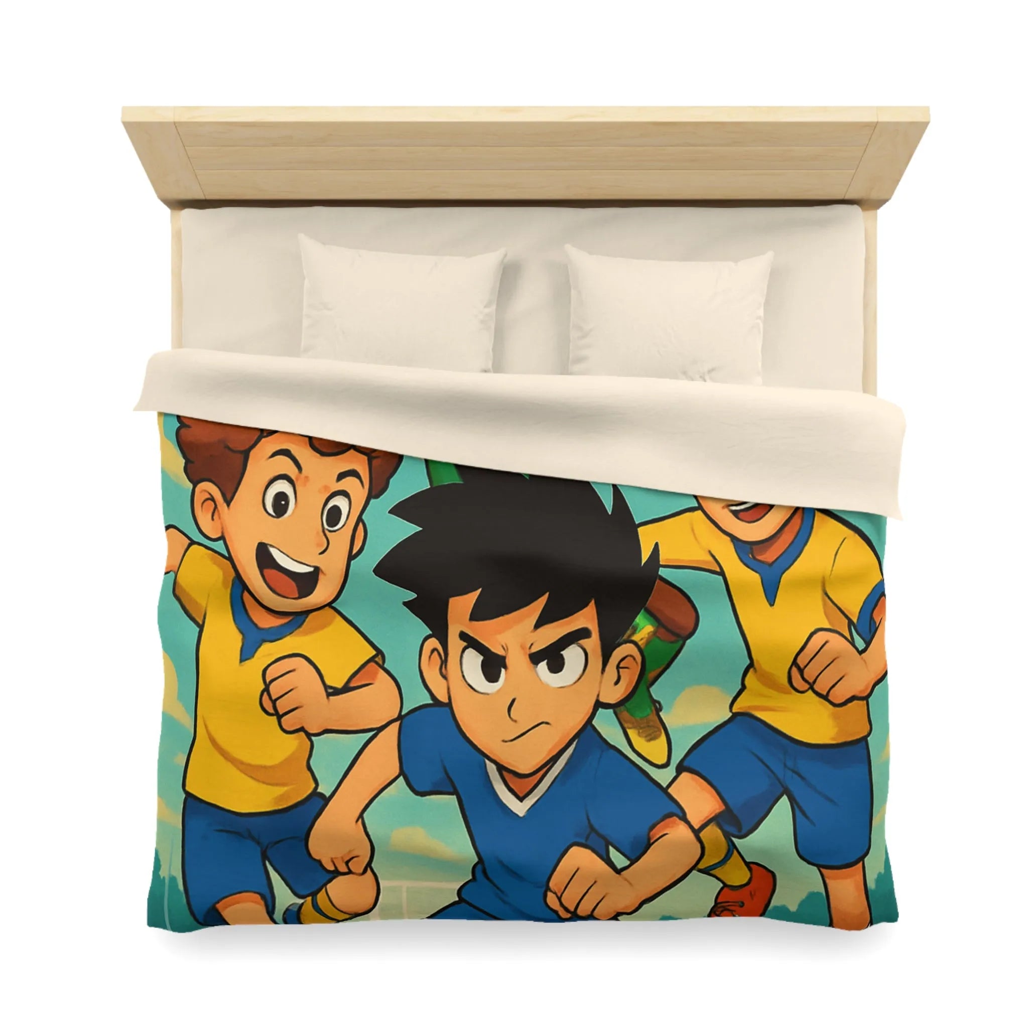 Housse de couette football enthousiaste pour enfants avec joueurs en action et ciel bleu