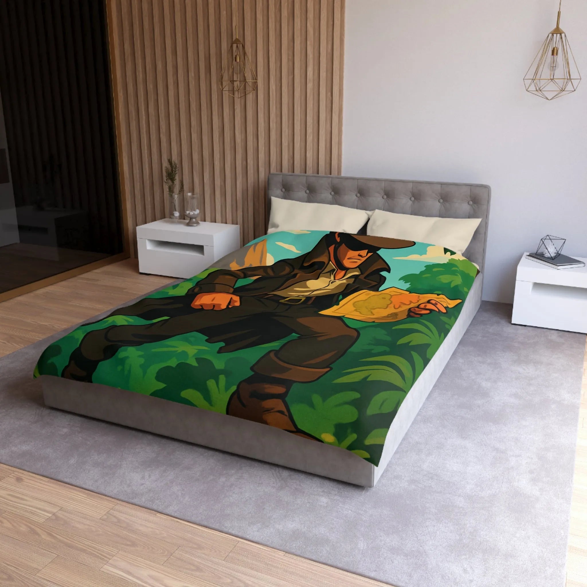 Housse de couette d'explorateur aventureux dans jungle luxuriante avec carte mystique colorée