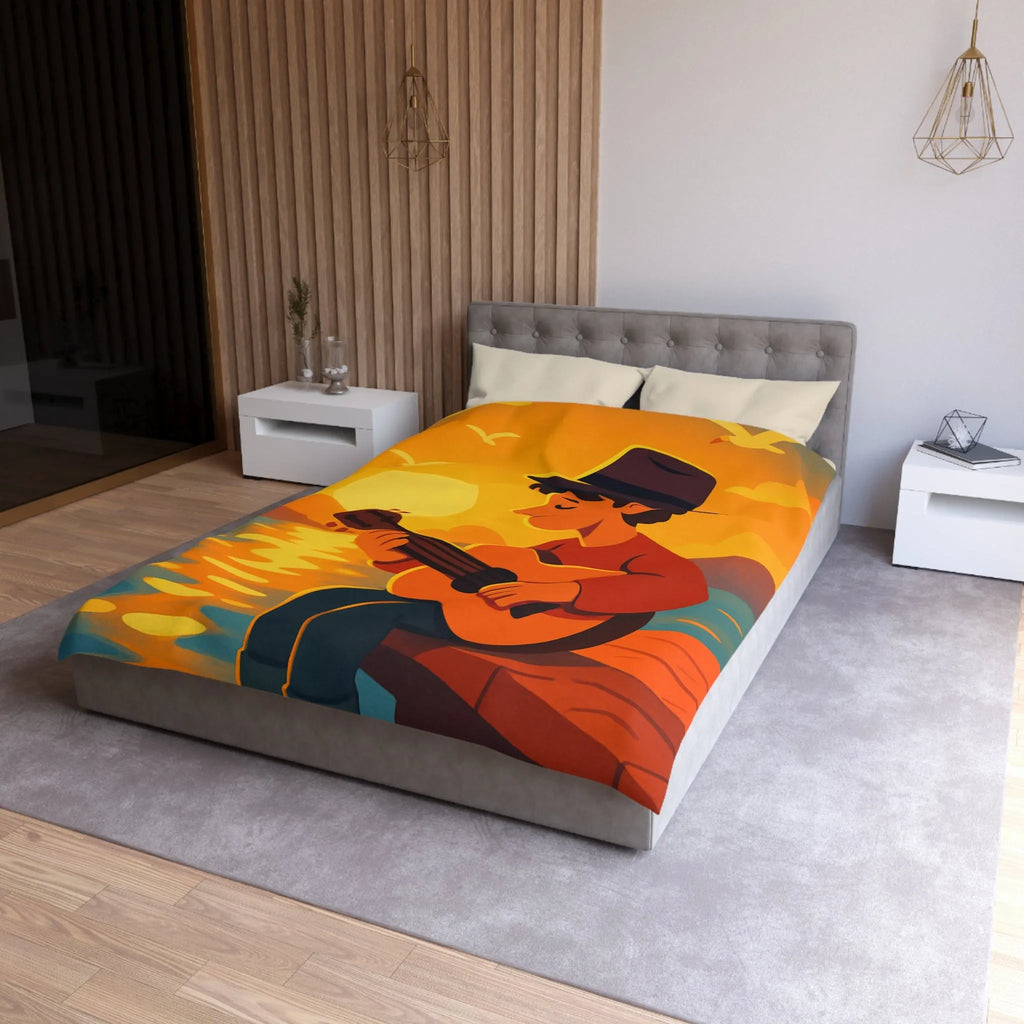 Housse de couette avec illustration relaxante d'un coucher de soleil et musicien
