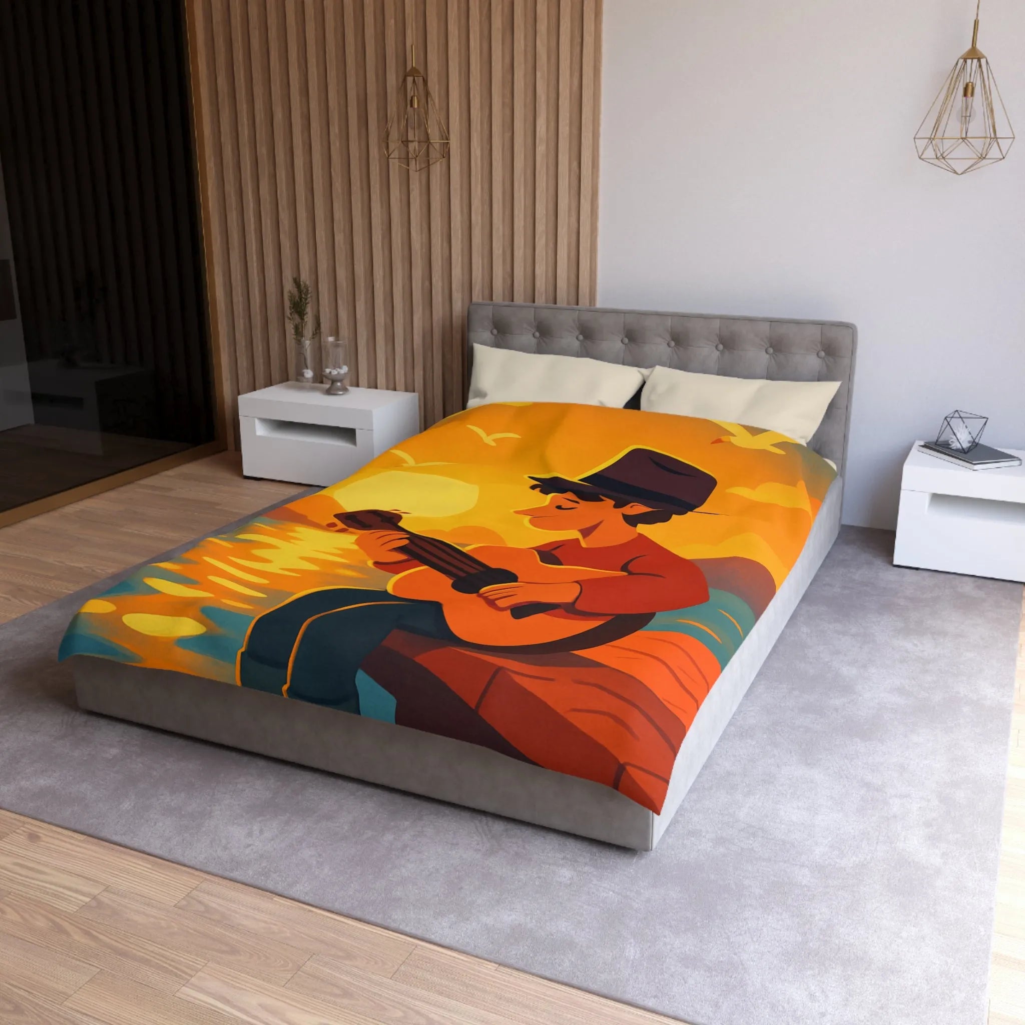 Housse de couette avec illustration relaxante d'un coucher de soleil et musicien