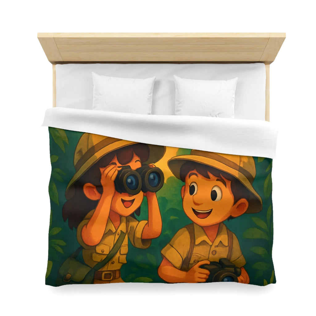 Housse de couette jungle colorée avec enfants explorateurs, perroquet et éléphant mignon