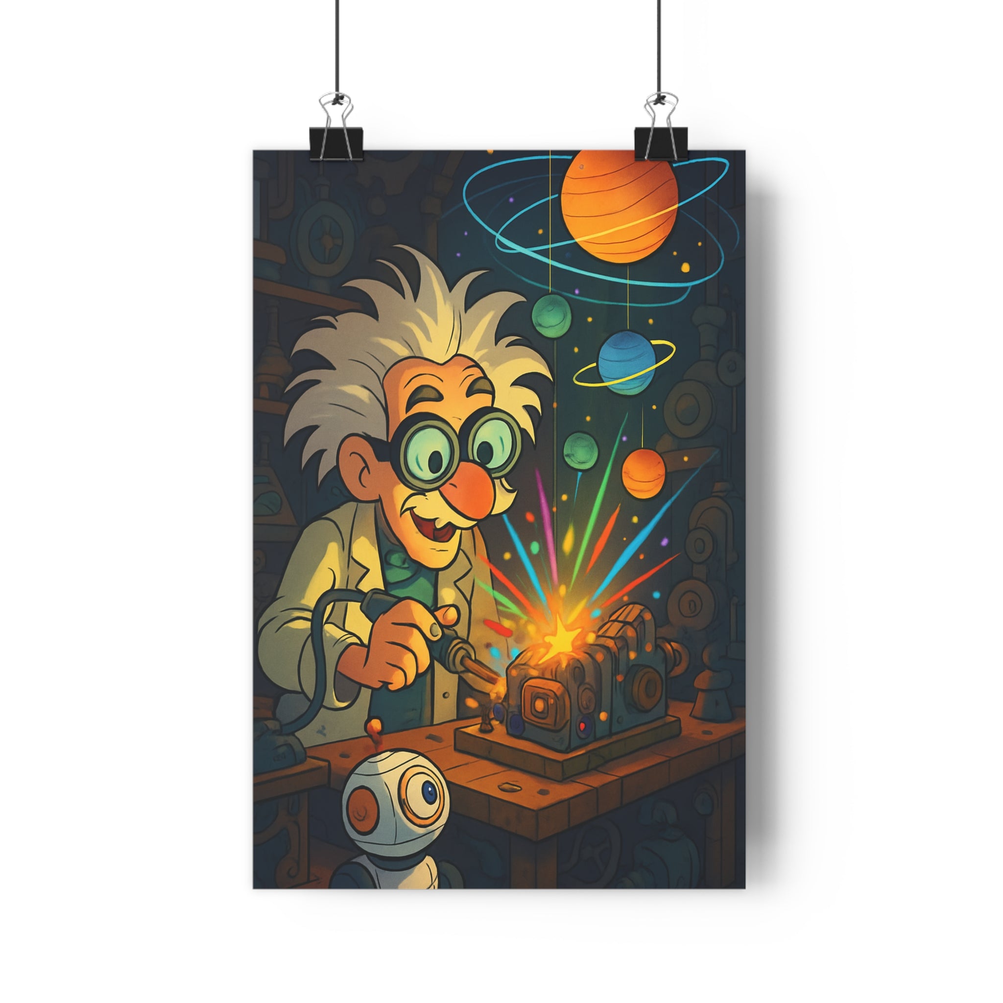 Poster décoratif inventeur joyeux bleu orange vert fantastique bureau dynamique créatif robot lunettes planètes