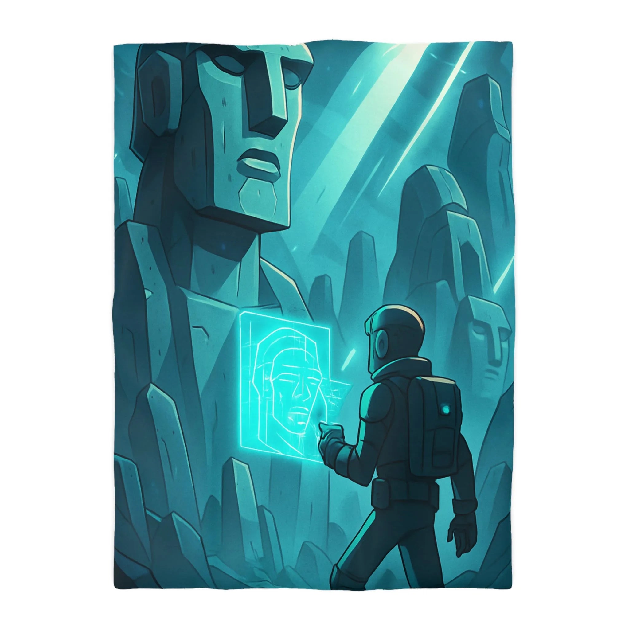 Housse de couette futuriste avec statues anciennes et explorateur dans une ambiance lumineuse néon