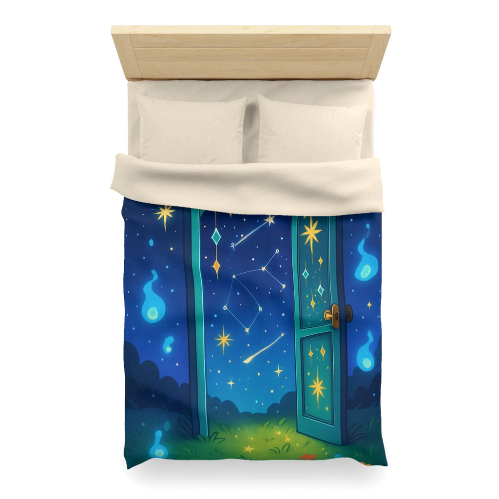 Housse de couette magique avec porte ouverte sur ciel étoilé bleu et constellations
