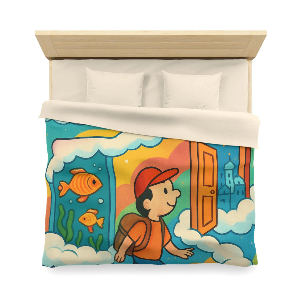 Housse de couette colorée avec portes magiques, nuages et aventure pour enfants rêveurs