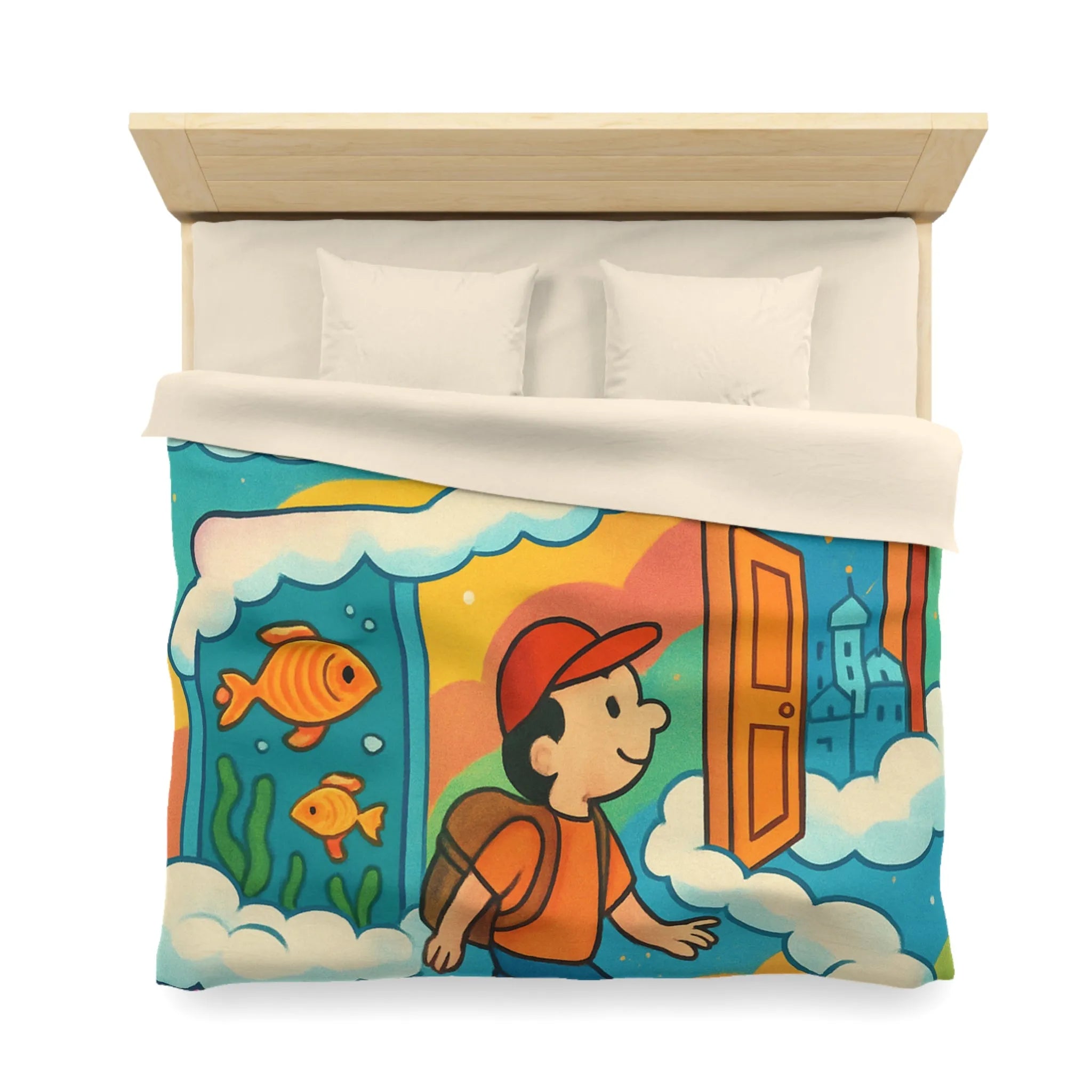 Housse de couette colorée avec portes magiques, nuages et aventure pour enfants rêveurs