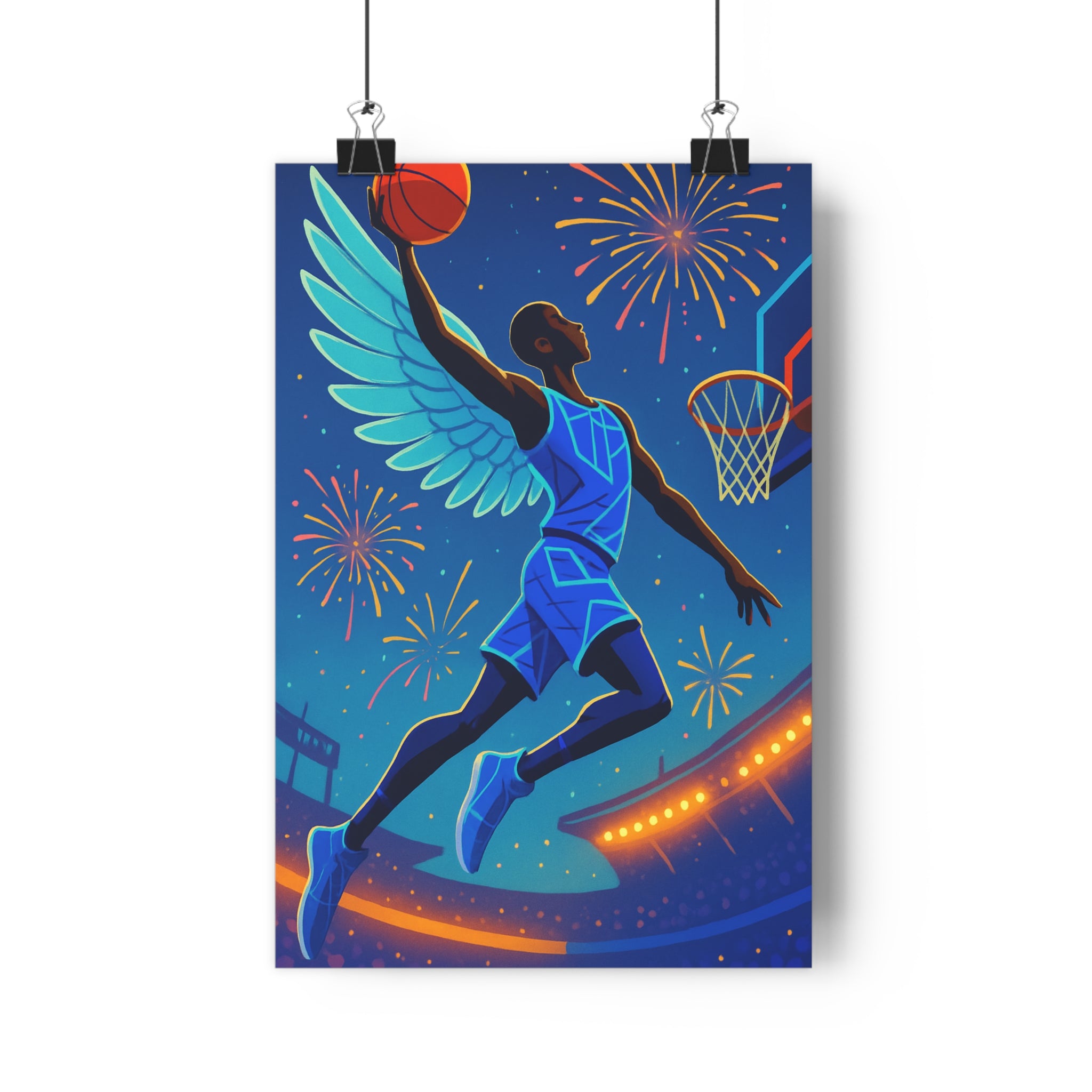 Poster décoratif basketball anime surréalisme bleu orange jaune dynamique festif chambre salon bureau moderne