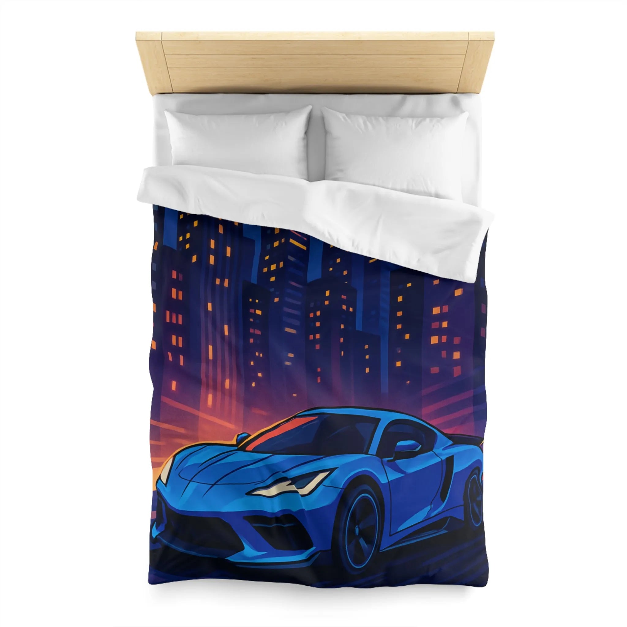 Housse de couette avec voiture bleue moderne et paysage urbain éclairé la nuit