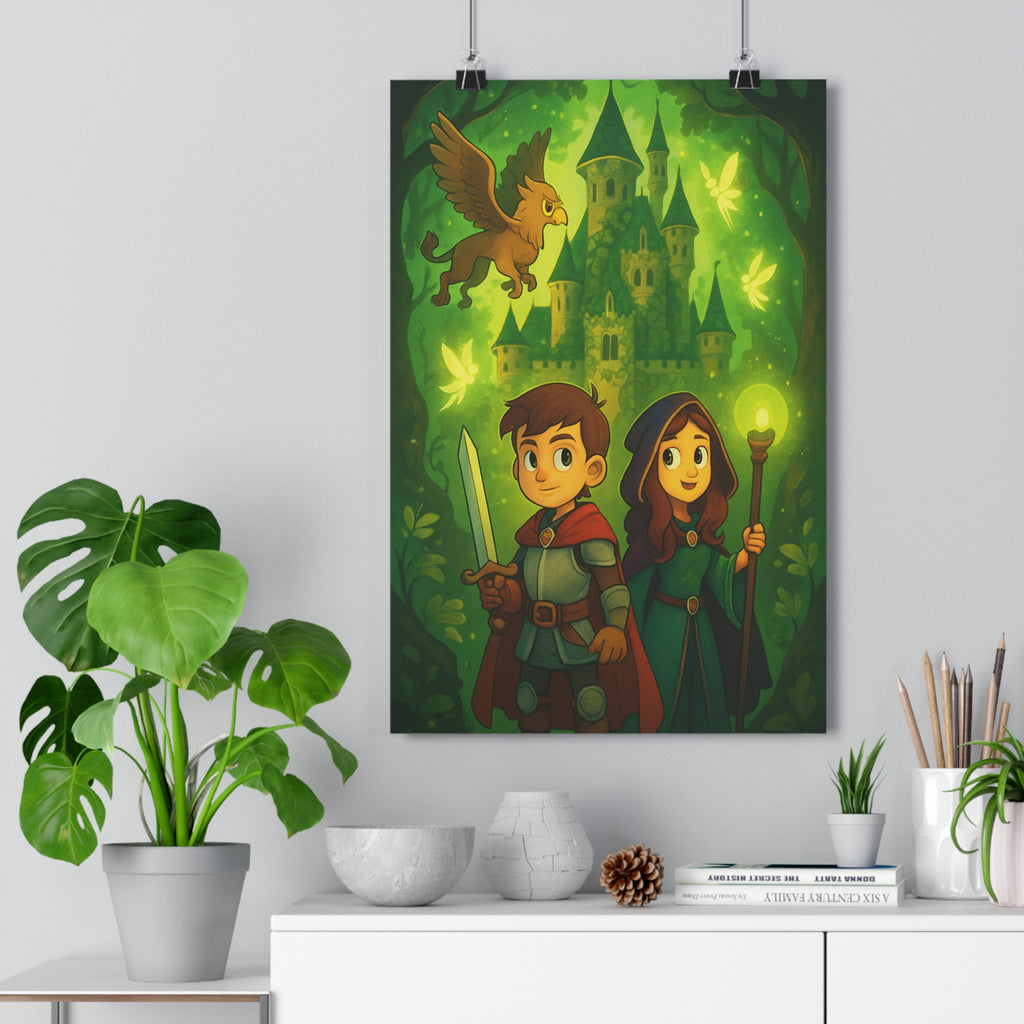 Poster décoratif médiéval vert mystique aventure fantaisie enfants chambre créatures magiques captivant ambiance épée