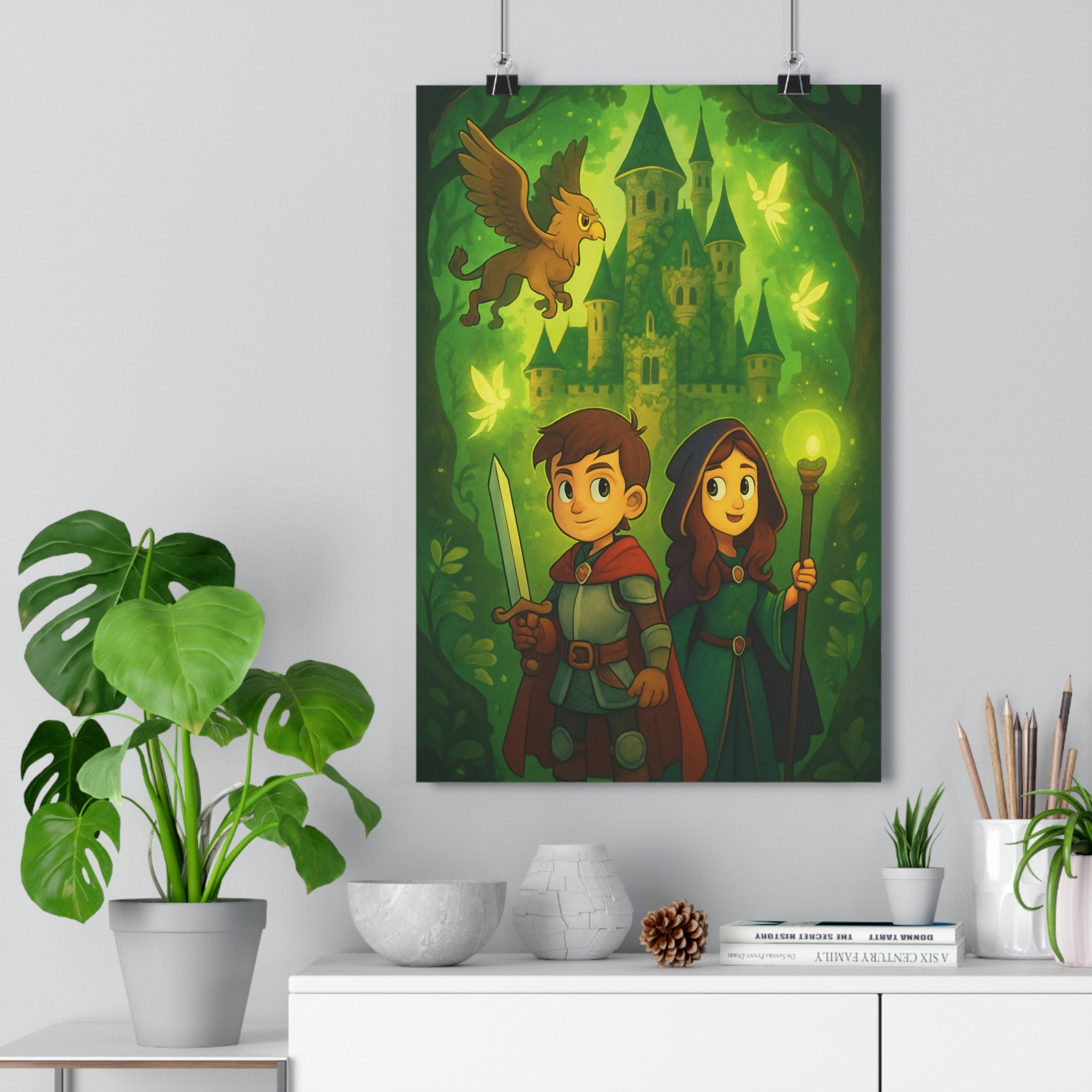 Poster décoratif médiéval vert mystique aventure fantaisie enfants chambre créatures magiques captivant ambiance épée