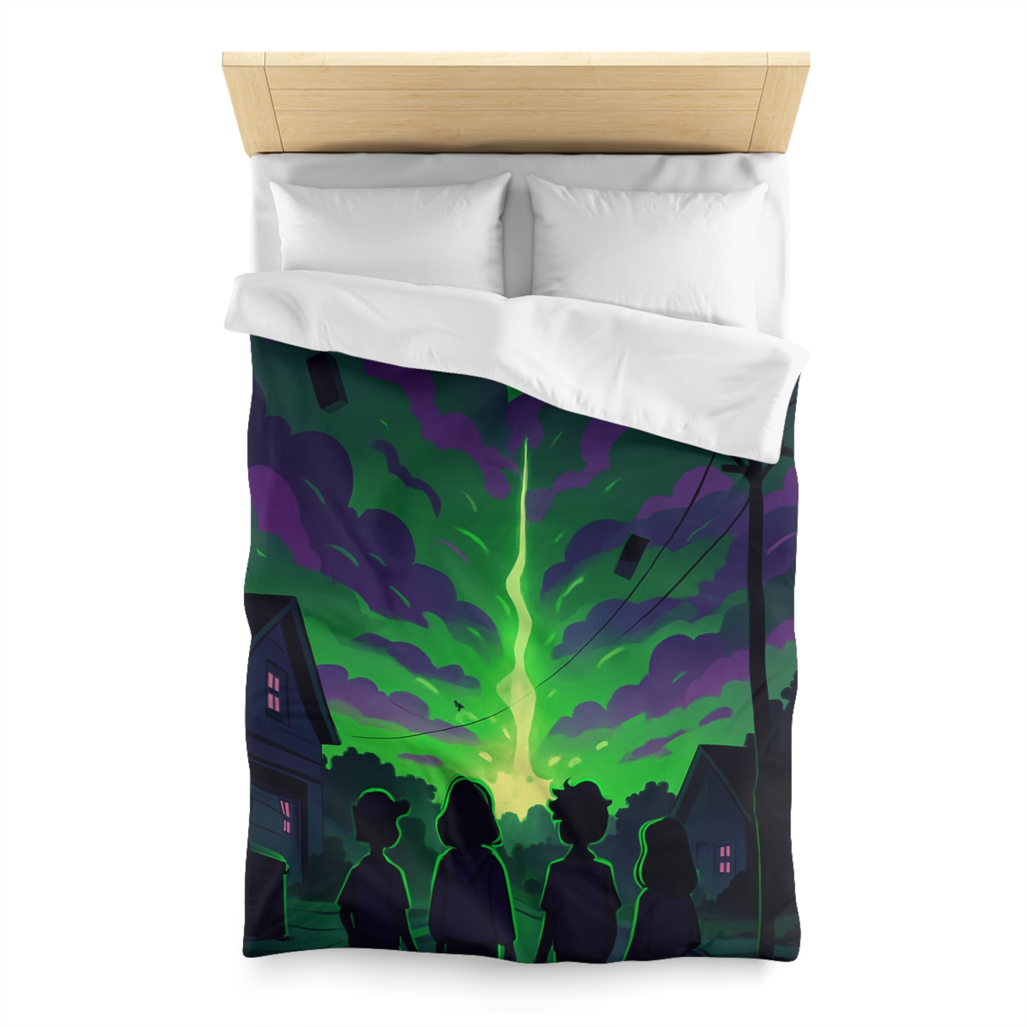 Housse de couette pour chambre avec ciel nocturne mystérieux et silhouettes d'enfants