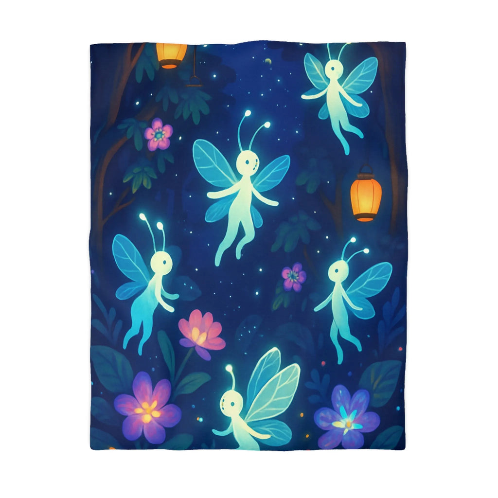 Housse de couette féérique avec lutins lumineux et fleurs dans une forêt enchantée