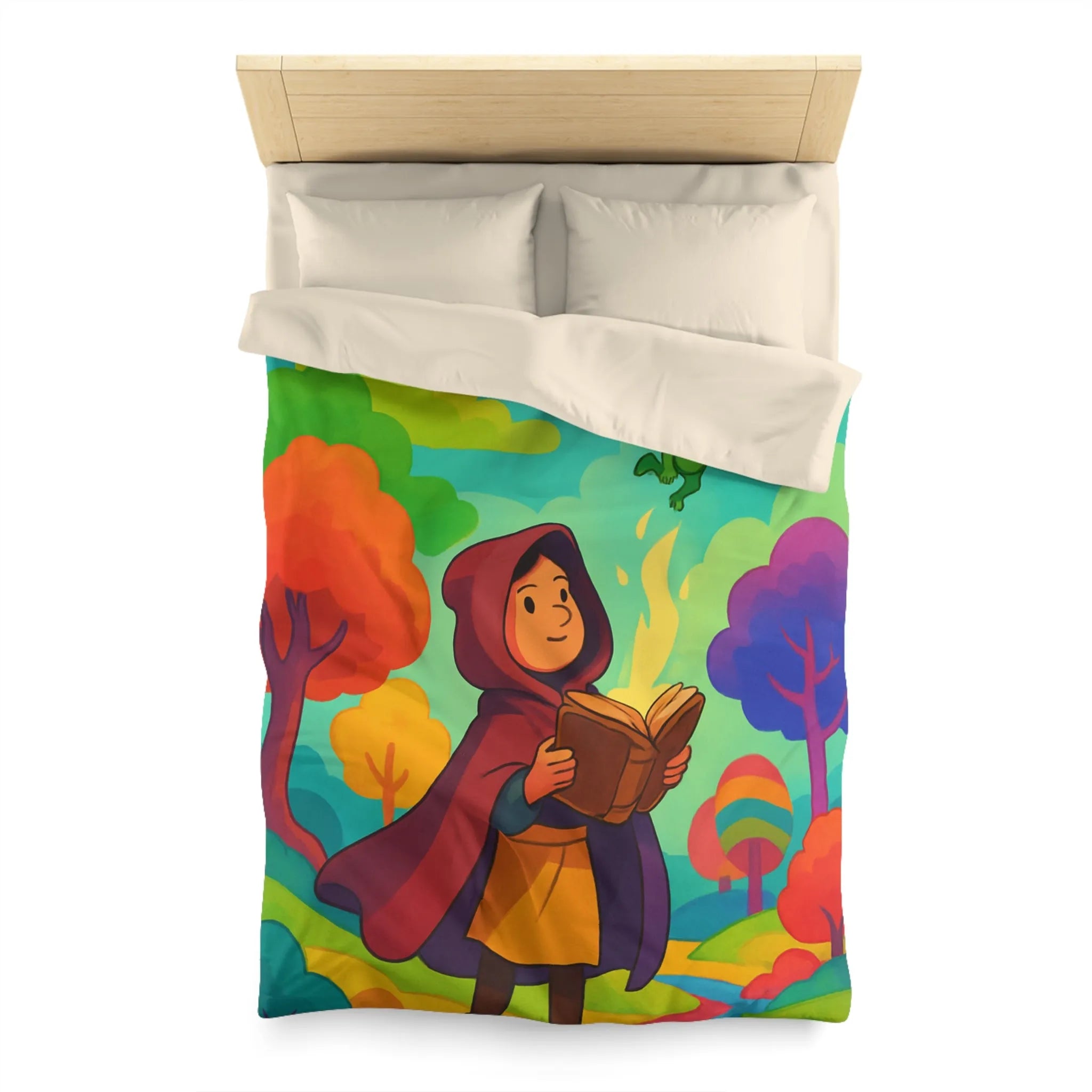 Housse de couette colorée avec scène magique de livre et créatures fantastiques