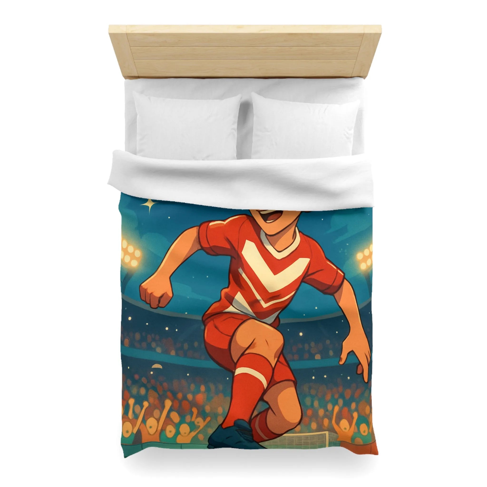 Housse de Couette Enfant Thématique Football avec Joueur et Ballon sous Étoiles Éclatantes