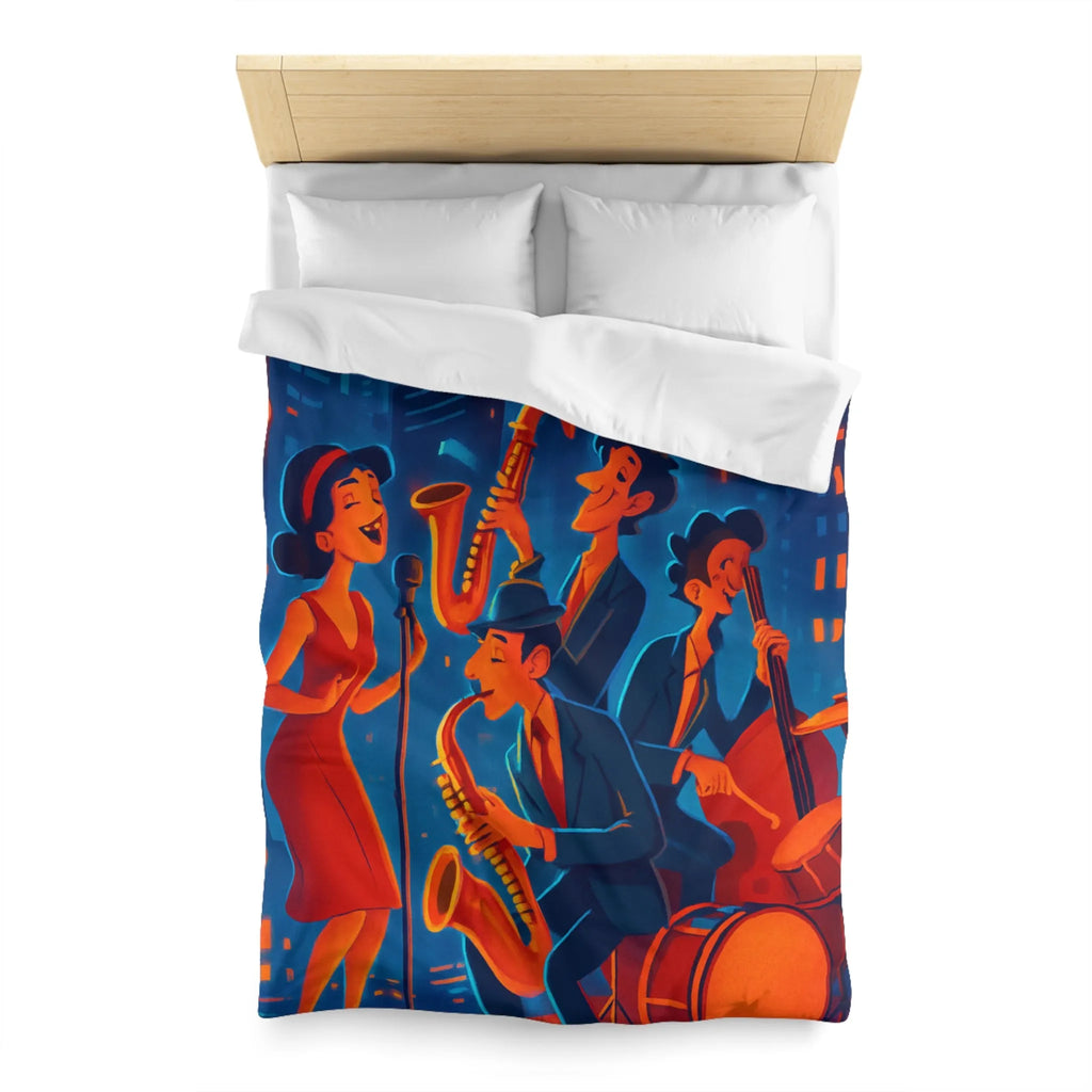 Housse de couette jazz rétro avec chanteuse et musiciens devant gratte-ciels éclairés