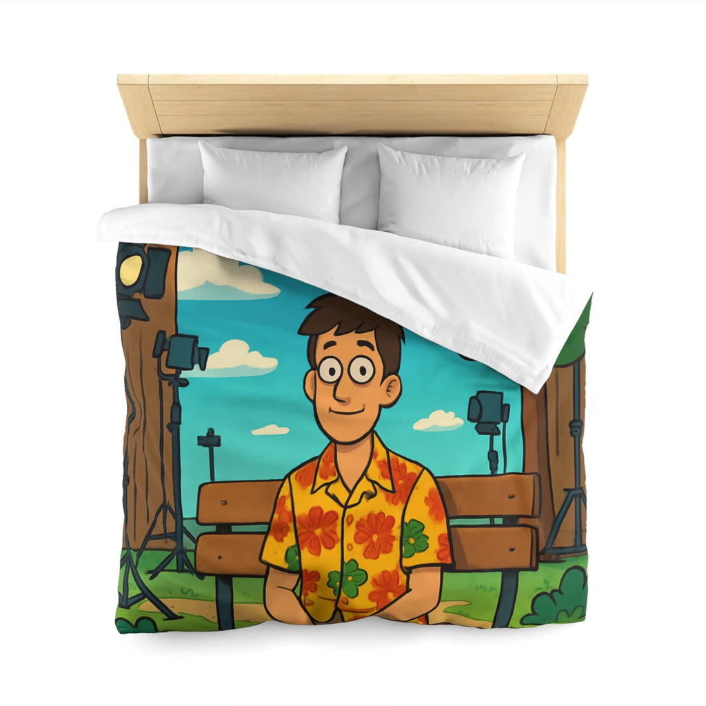 Housse de couette amusante avec motif de banc, homme et oiseaux volants