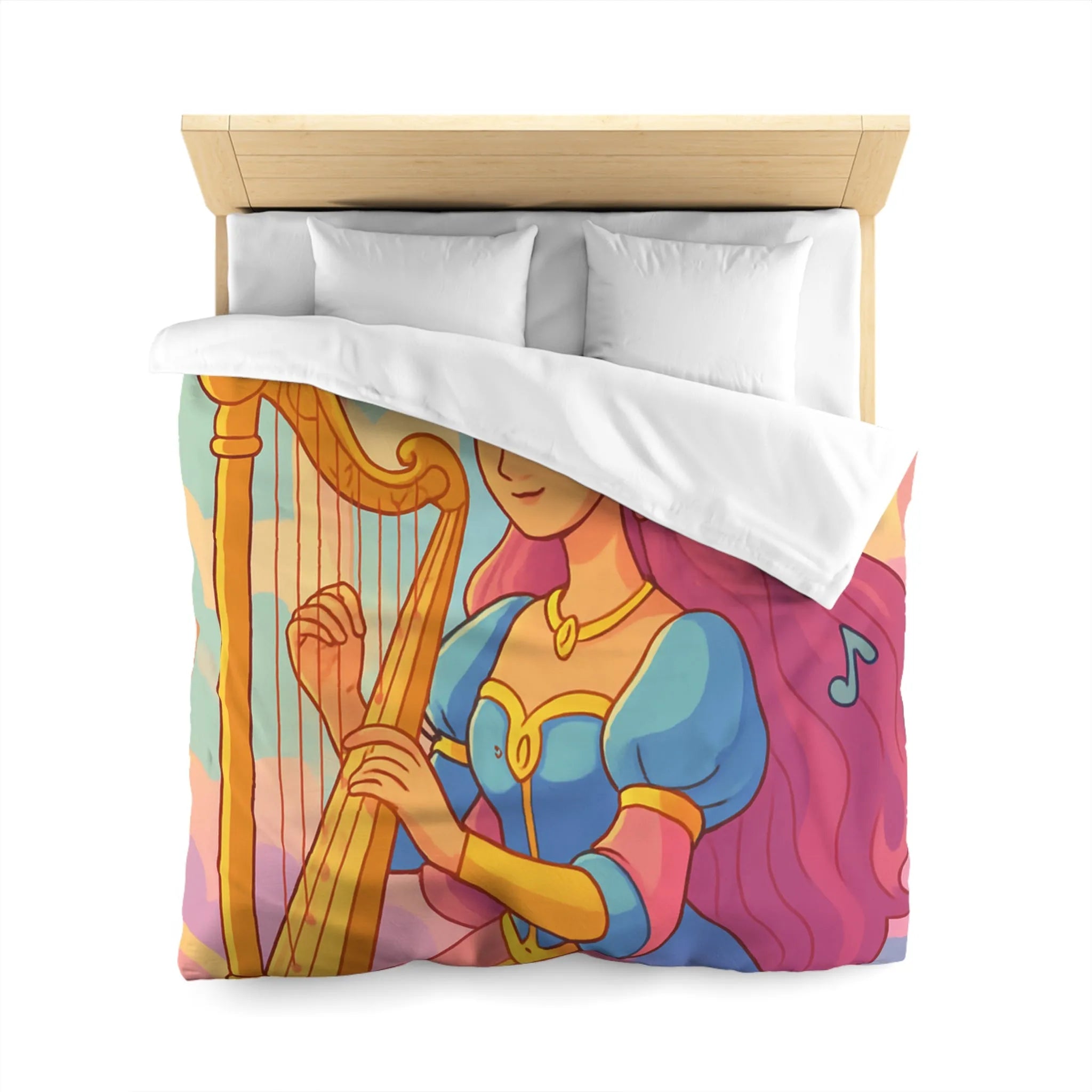 Housse de Couette Magique Princesse Jouant Harpe avec Oiseaux et Papillons Colorés