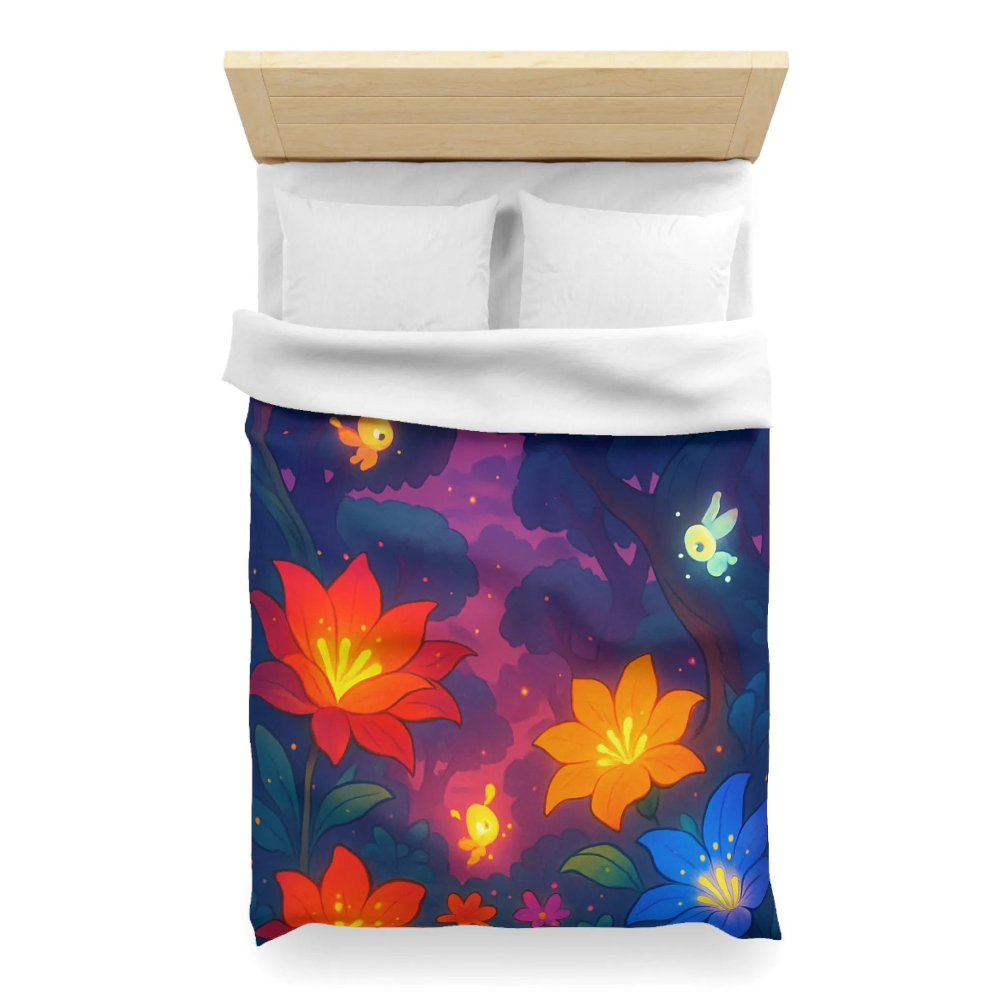 Housse de Couette avec Fleurs Lumineuses et Paysage Enchanté de Forêt Magique Nocturne