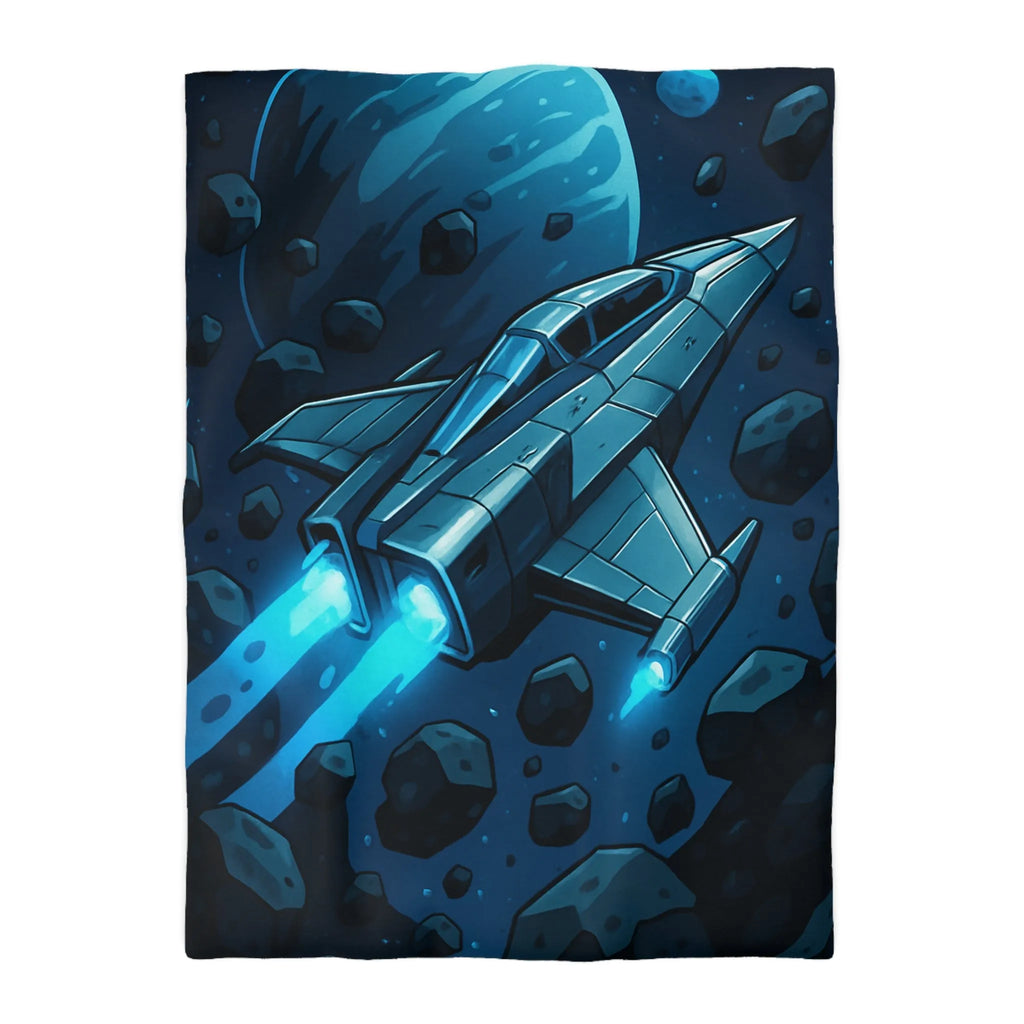 Housse de couette imprimée vaisseau spatial bleu voyageant à travers un champ d'astéroïdes