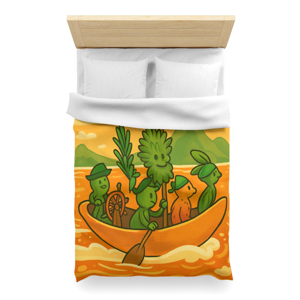 Housse de couette originale avec personnages verts naviguant sur mer orangée ludique